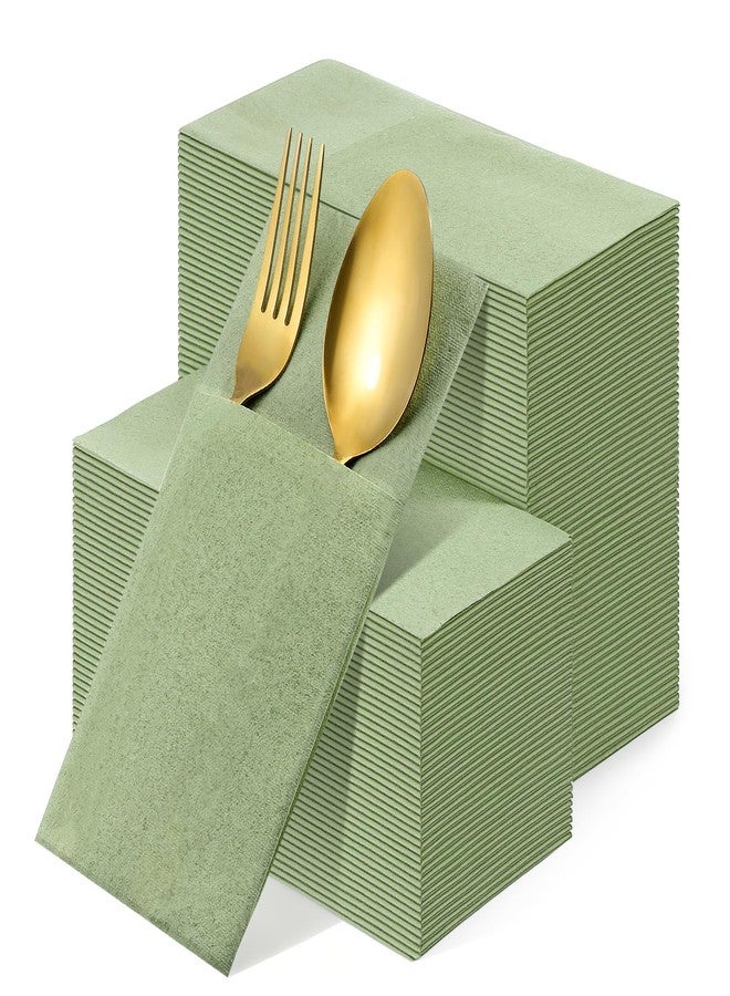 Exclaith 120 Pcs Sage Green Linen Feel Napkins with Pocket, 2 Ply Sage Green Wedding Napkins, Decorative Dinner Napkin Paper, Prefolded Paper Disposable Airlaid Guest Hand Towel (16 x 16 inch) - Image 1